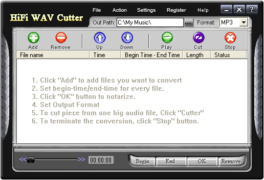 HiFi WAV Cutter supports MP3, WAV, WMA and OGG batch cutting