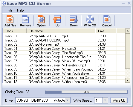 Ease MP3 CD Burner can burns WAV, MP3, OGG or WMA files to Audio CD format for normal CD player acces.