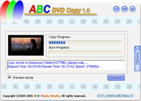 ABC DVD Copy is DVD cloning software to get duplicates of your favorite movies on DVD or hard drive with just a few clicks.