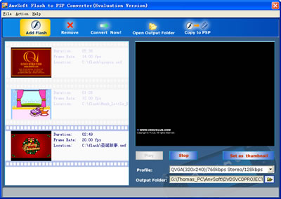 ANVSOFT Flash to PSP Converter is a powerful utility that convert Macromedia Flash SWF files to MPEG-4 files including movie clips, action scripts and audio in the Flash movies.