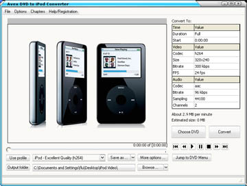 Avex DVD to iPod Converter is a one-click solution to convert DVDs to iPod movie.