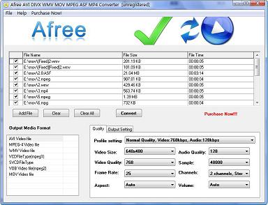 Afree AVI DIVX WMV MOV MPEG ASF MP4 Converter is powerful and professional software designed for converting video files between AVI DIVX WMV MOV MPEG ASF MP4 formats.