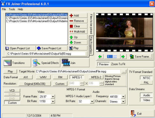 Join movies of various formats, size and frame rates then save your project as a new Windows Media, Real Media, MPEG-1, MPEG-2, MPEG-4 or AVI movie.