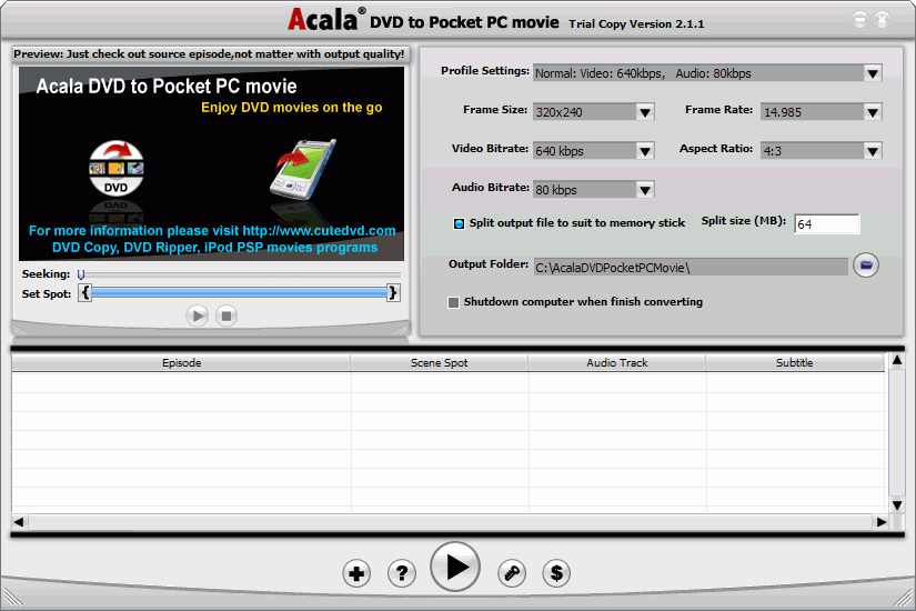 Acala DVD to Pocket PC movie is a intuitive to use program which convert your DVD movies to Pocket PC movies regardless DVD CSS and DVD Region