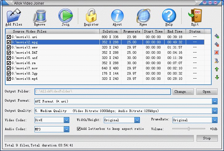 Allok Video Joiner - Join or merge multiple AVI, Divx, XviD, MPEG, WMV, ASF, RM, MOV, 3GP, MP4 files into one large file.